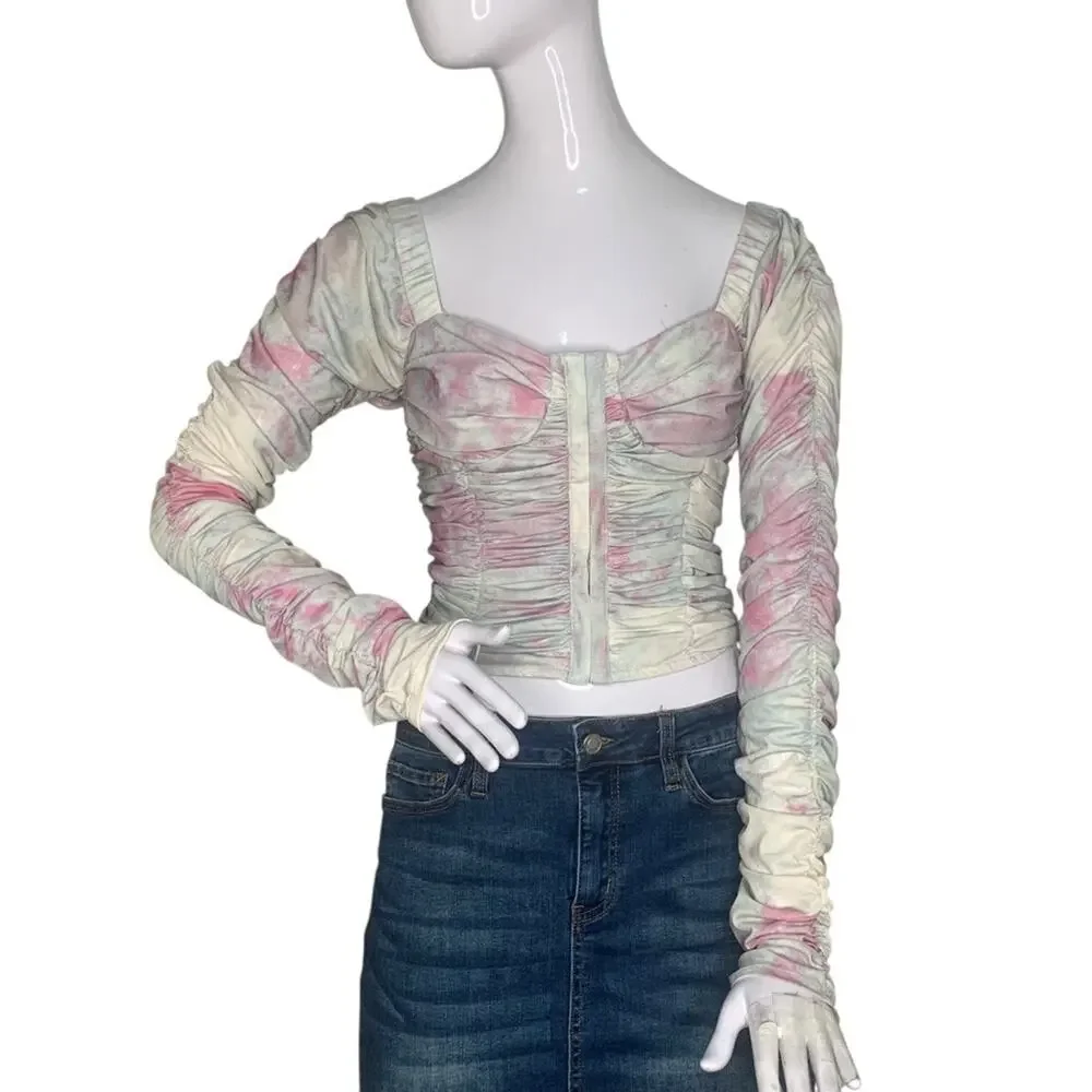 Free People All Night Corset Bustier Fitted Ruched Top Long Sleeve Size S